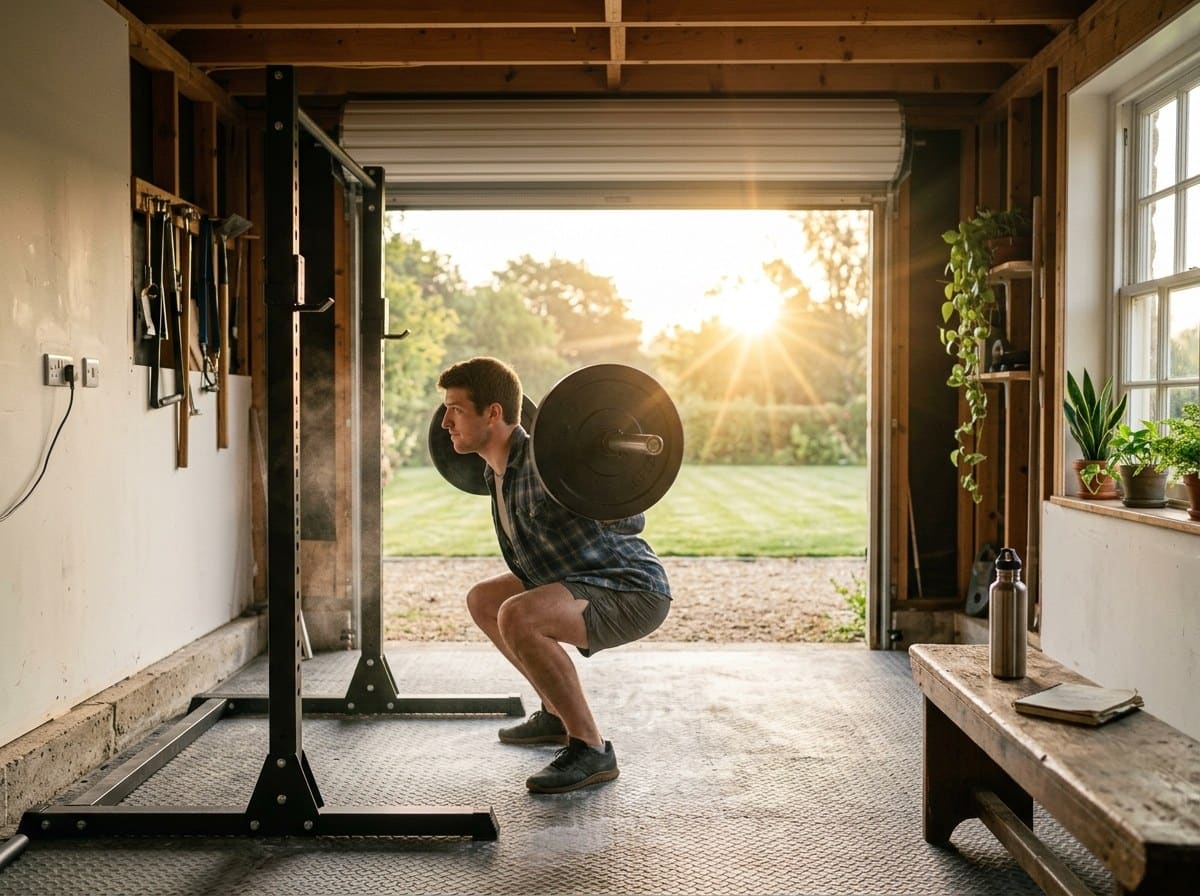 A young man squatting a barbell in a home garage gym open to the sunrise