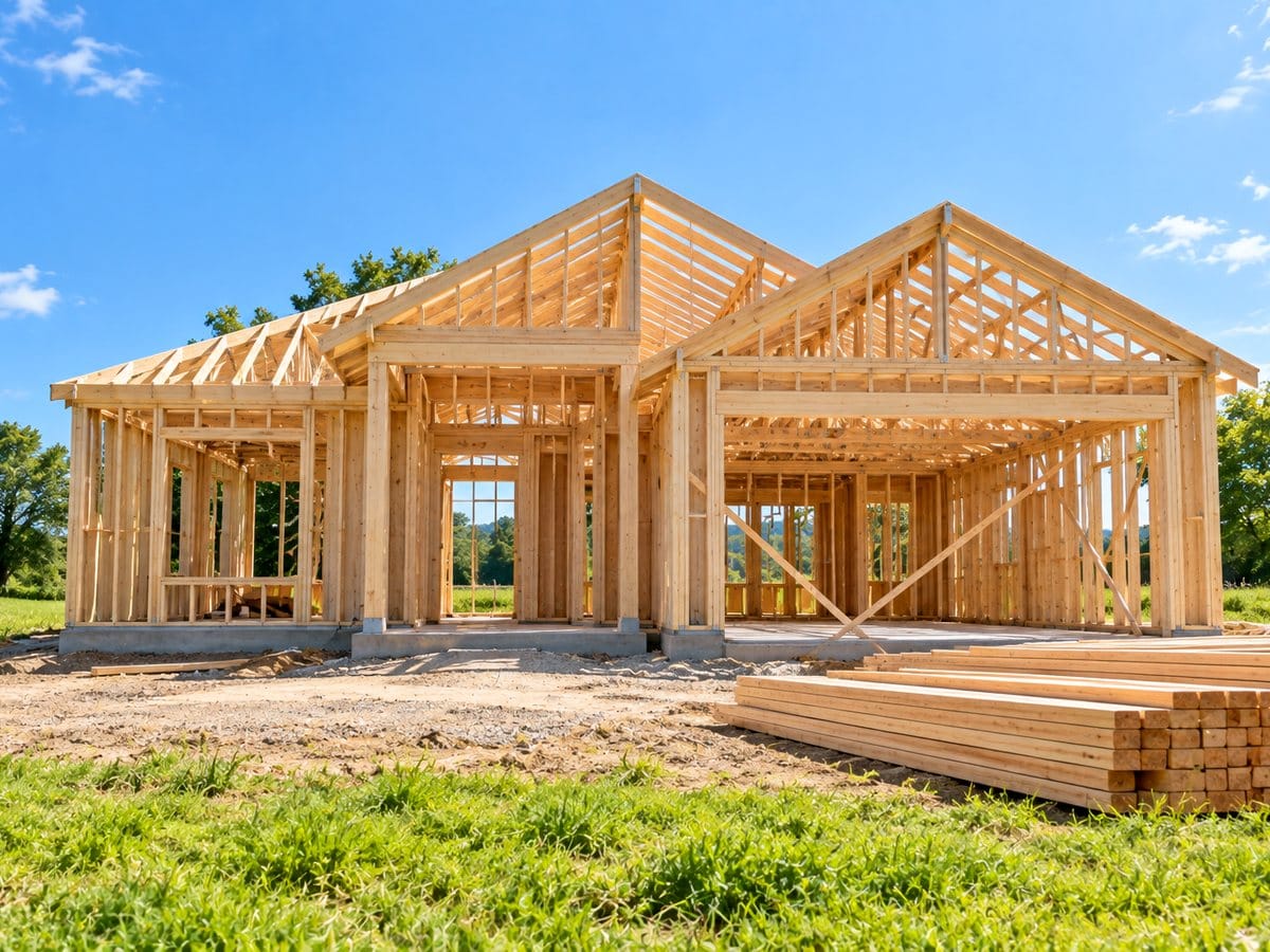 A new house framed in timber on a green lot under a blue sky