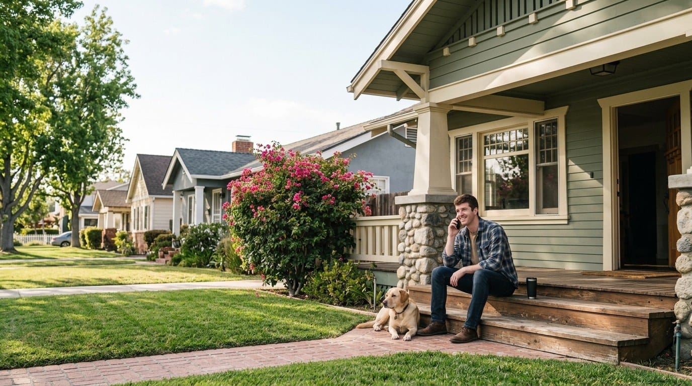 A young man smiling on the phone on the front steps of a house, a dog at his feet