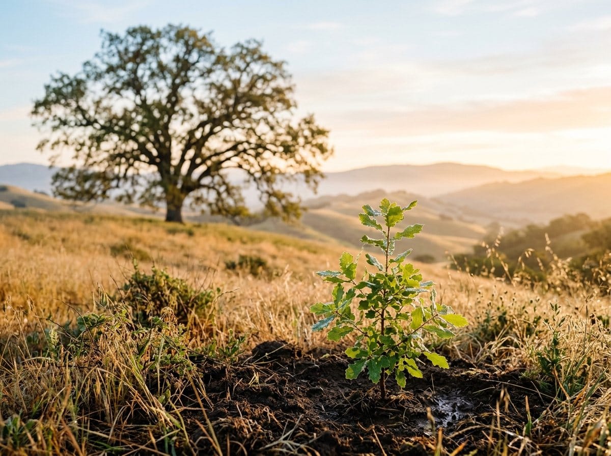 A young oak sapling growing on a golden hillside at sunrise, a great oak standing behind it