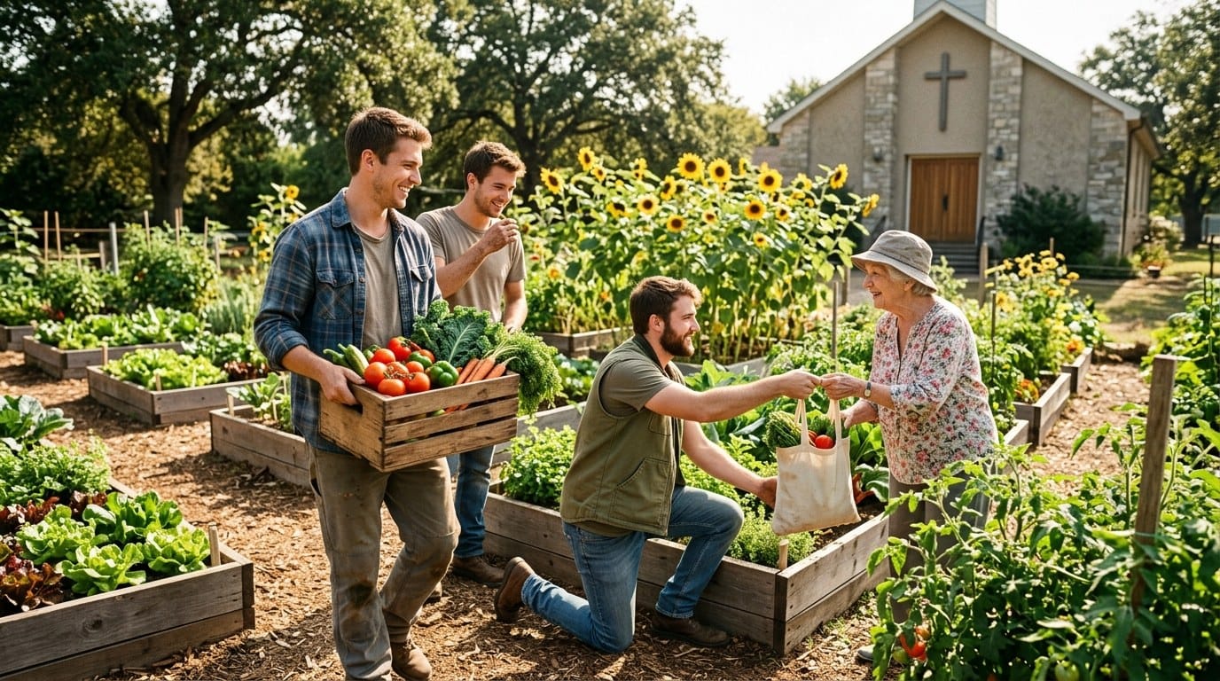 Young men volunteering at a church community garden, handing fresh vegetables to a neighbor