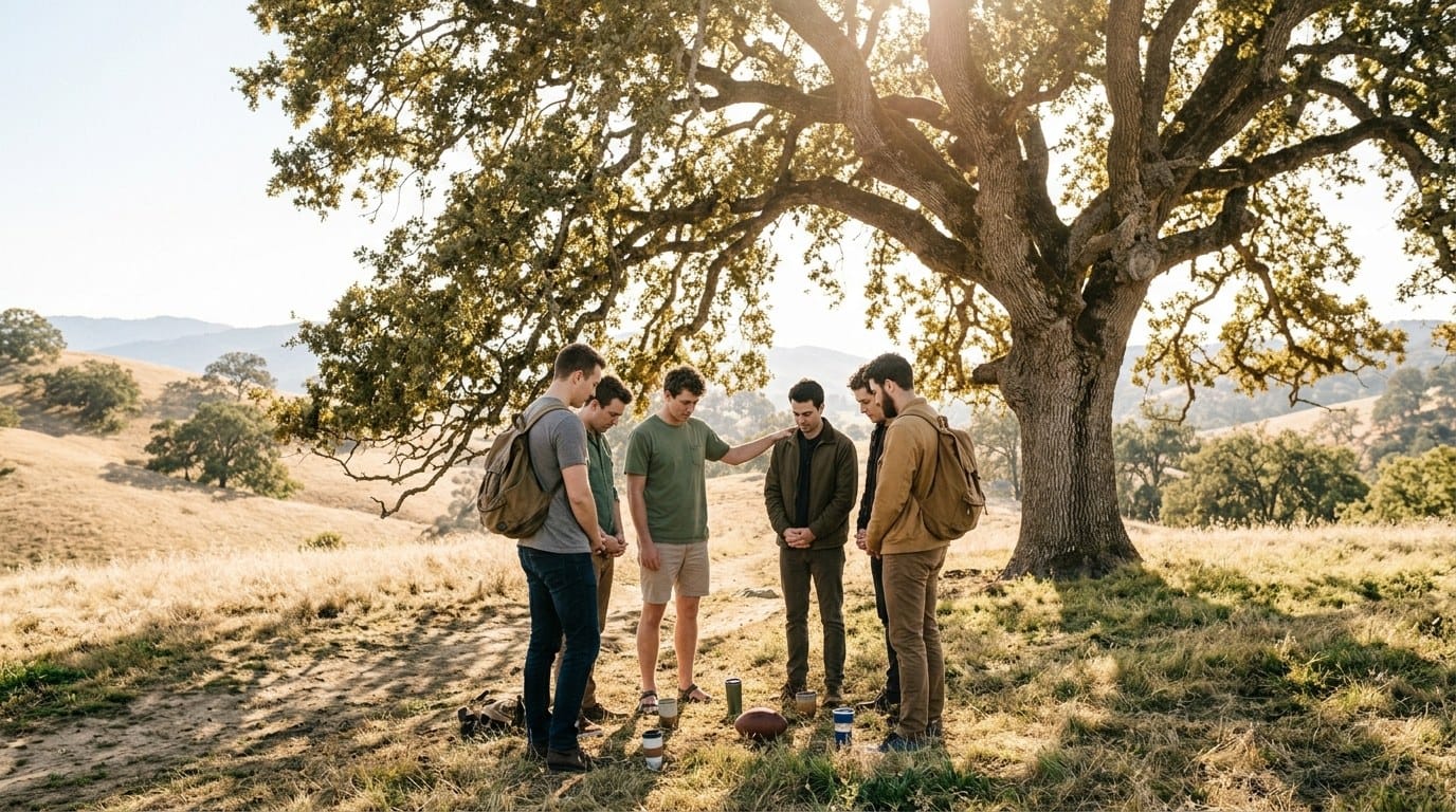 A small group of young men praying together under an oak tree in a sunlit park