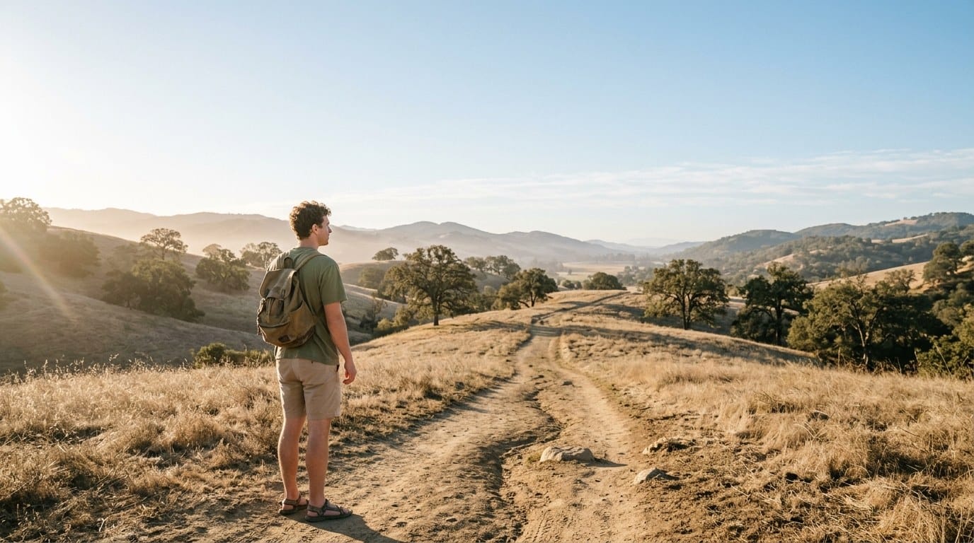 A young man with a backpack at the start of a sunlit trail through golden hills